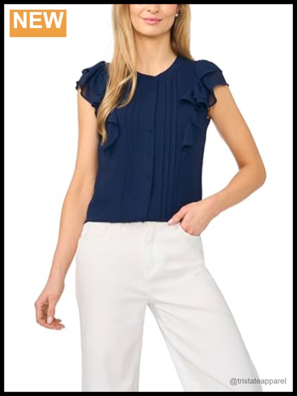 CeCe Women's Double Ruffle Button Down Pintuck Blouse - 100% Polyester, Regular